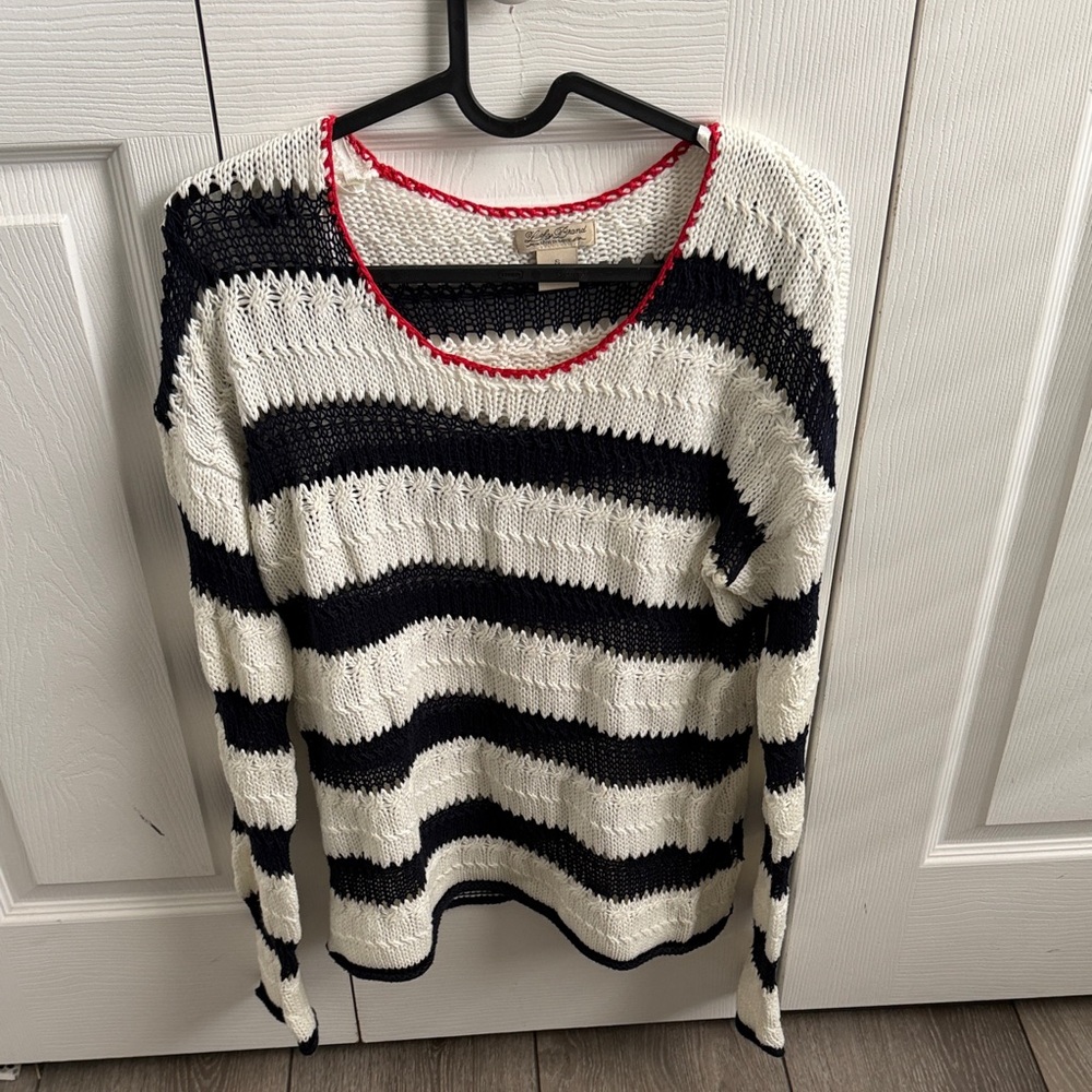 Lucky Brand Black and White Striped Open-Knit Sweater with Red Trim